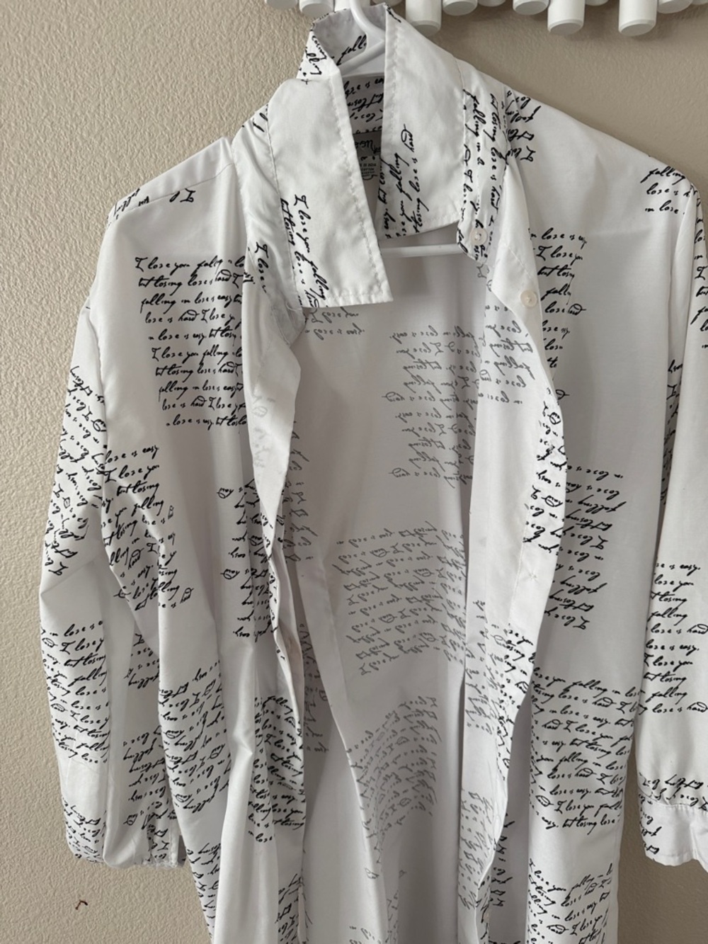 White Button-Up Shirt with Black Script Print